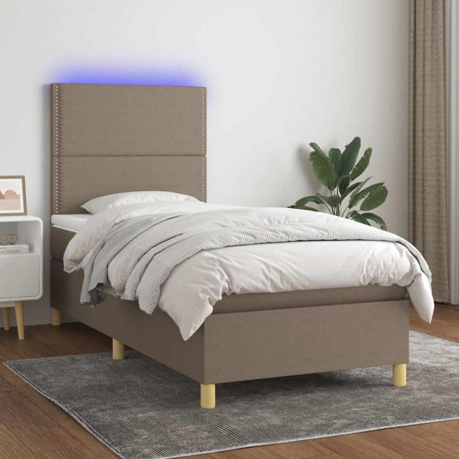 Cama box spring colchón y luces LED tela gris taupe 90x200