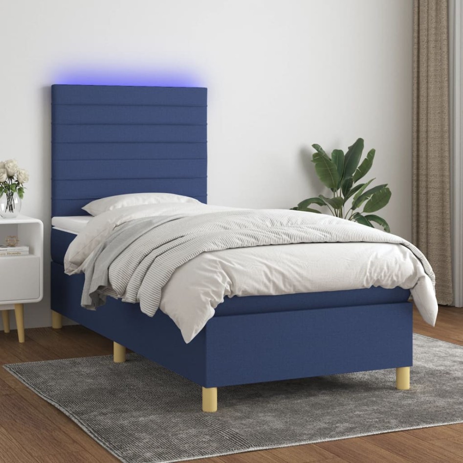 Cama box spring colchón y luces LED tela azul 90x200