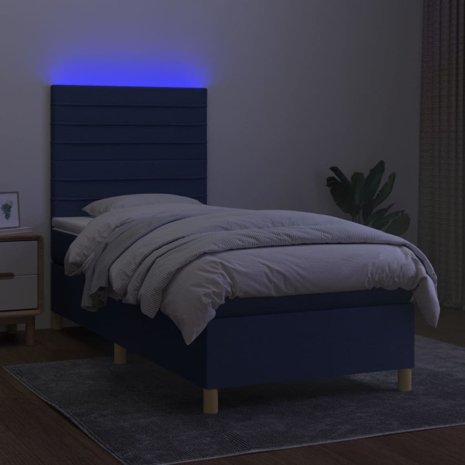 Cama box spring colchón y luces LED tela azul 90x200
