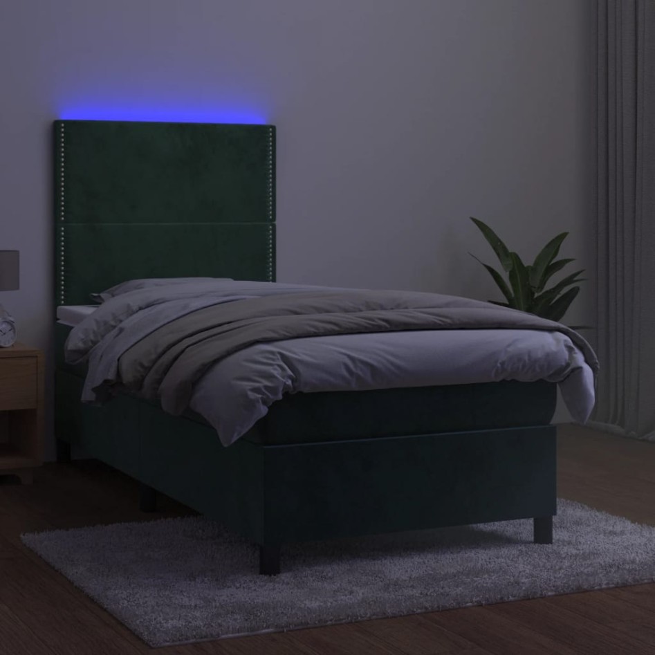 Cama box spring colchón y LED terciopelo verde oscuro 90x190