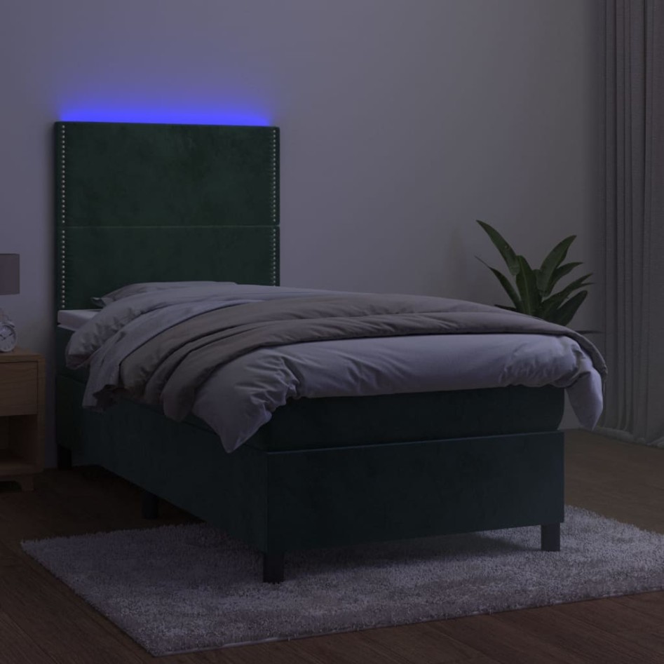 Cama box spring colchón y LED terciopelo verde oscuro