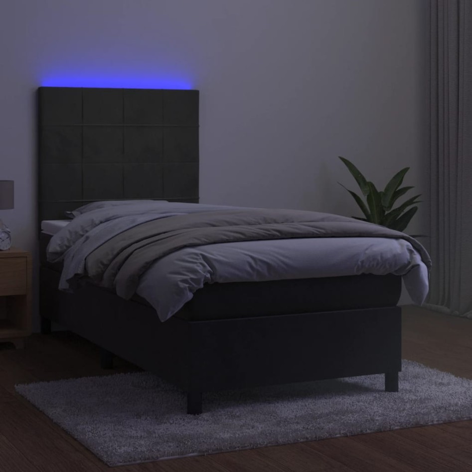 Cama box spring colchón y LED terciopelo gris oscuro 80x200