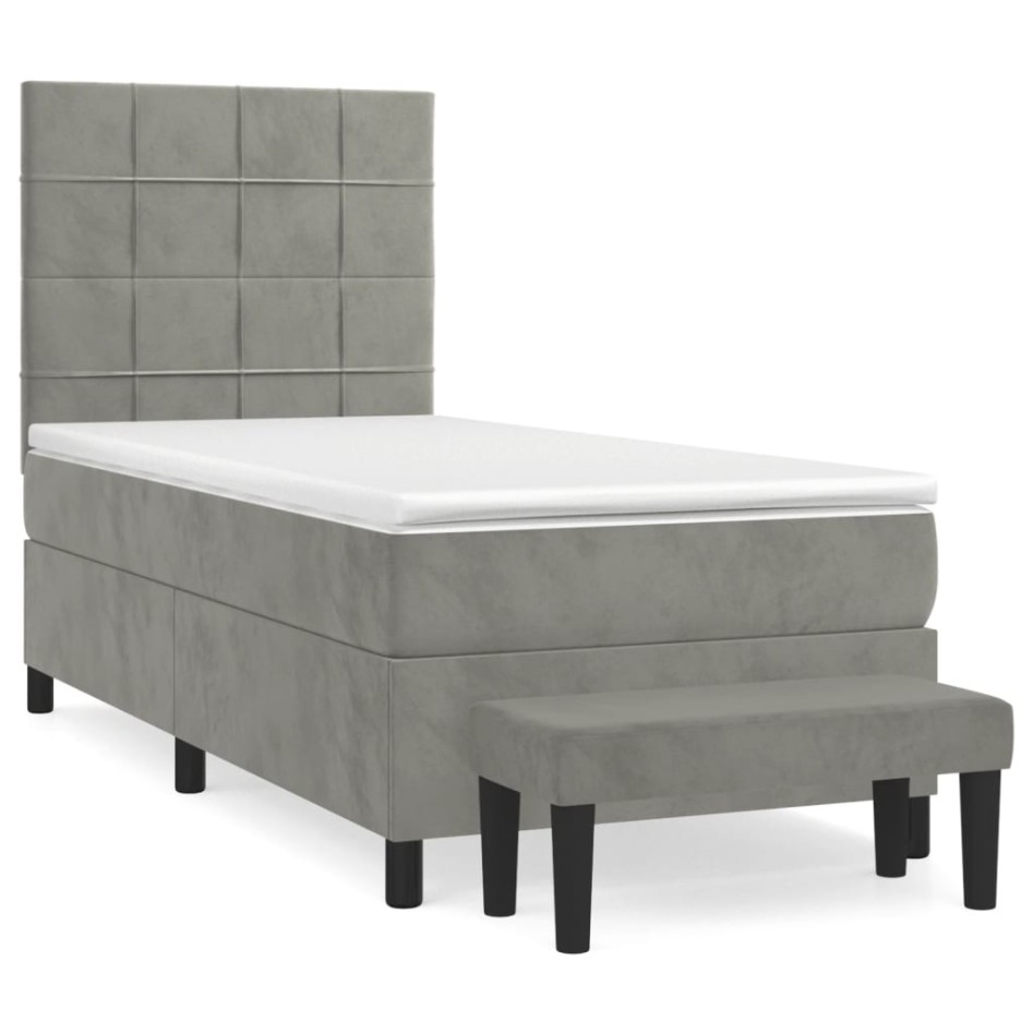 Cama box spring con colchón terciopelo gris claro 80x200