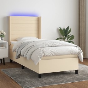 Cama box spring colchón y luces LED tela crema 90x200