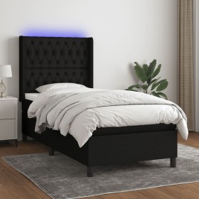 Cama box spring colchón y luces LED tela negro 90x190