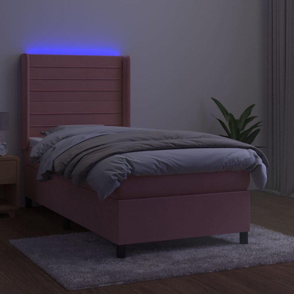Cama box spring colchón y LED terciopelo rosa 90x200