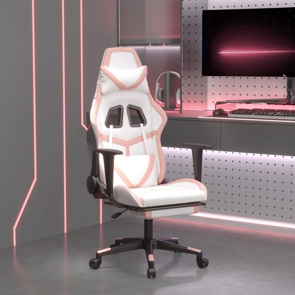 Silla gaming con reposapiés cuero sintético blanco y