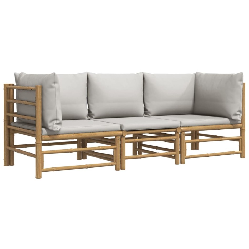 Set de muebles de jardín 3 piezas bambú y cojines gris