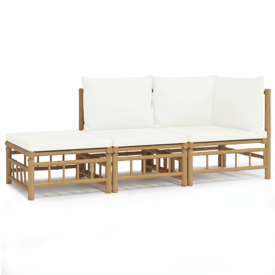 Set de muebles de jardín 3 piezas bambú y cojines blanco