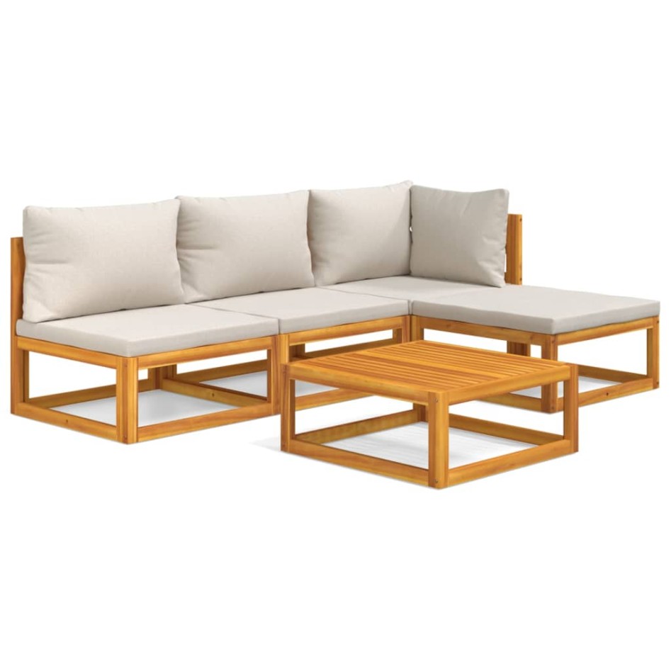 Set muebles de jardín 5 pzas madera maciza y cojines gris