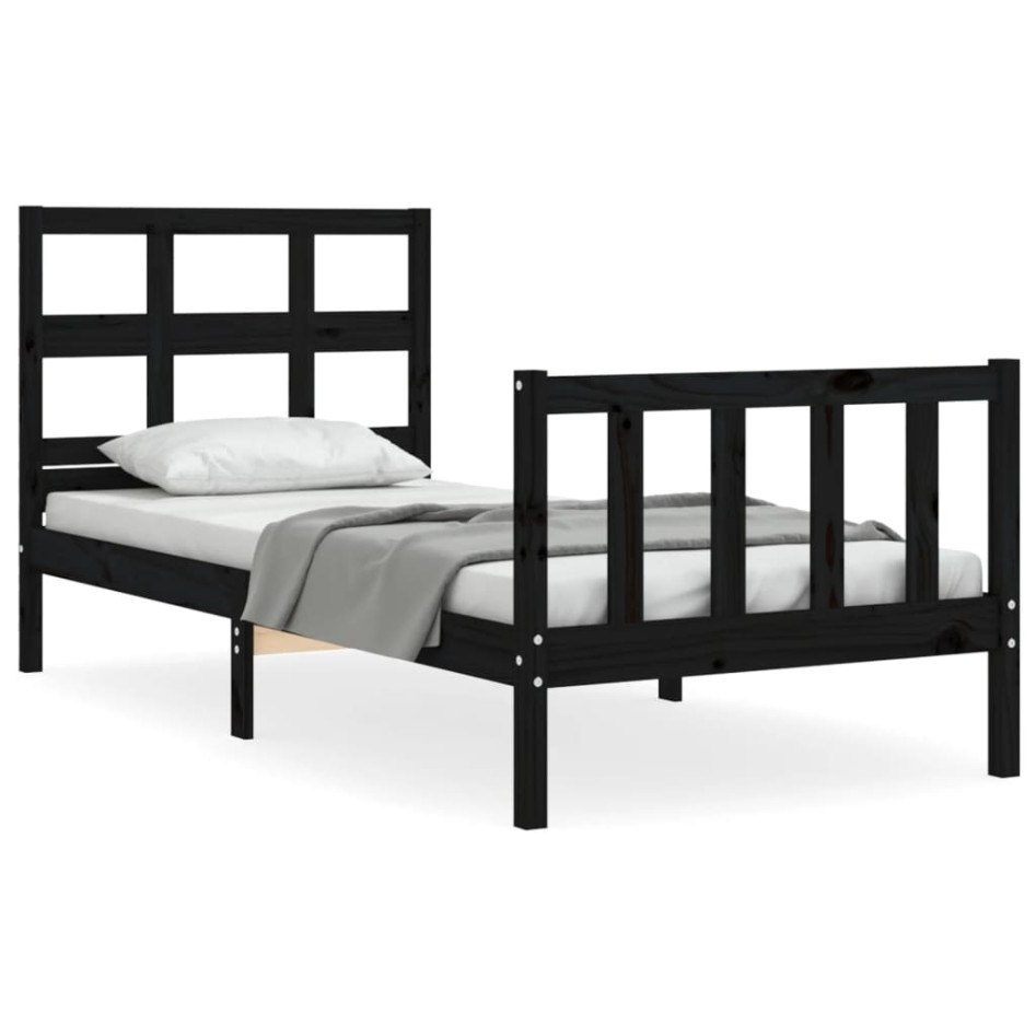 Estructura de cama con cabecero madera maciza negro 90x200