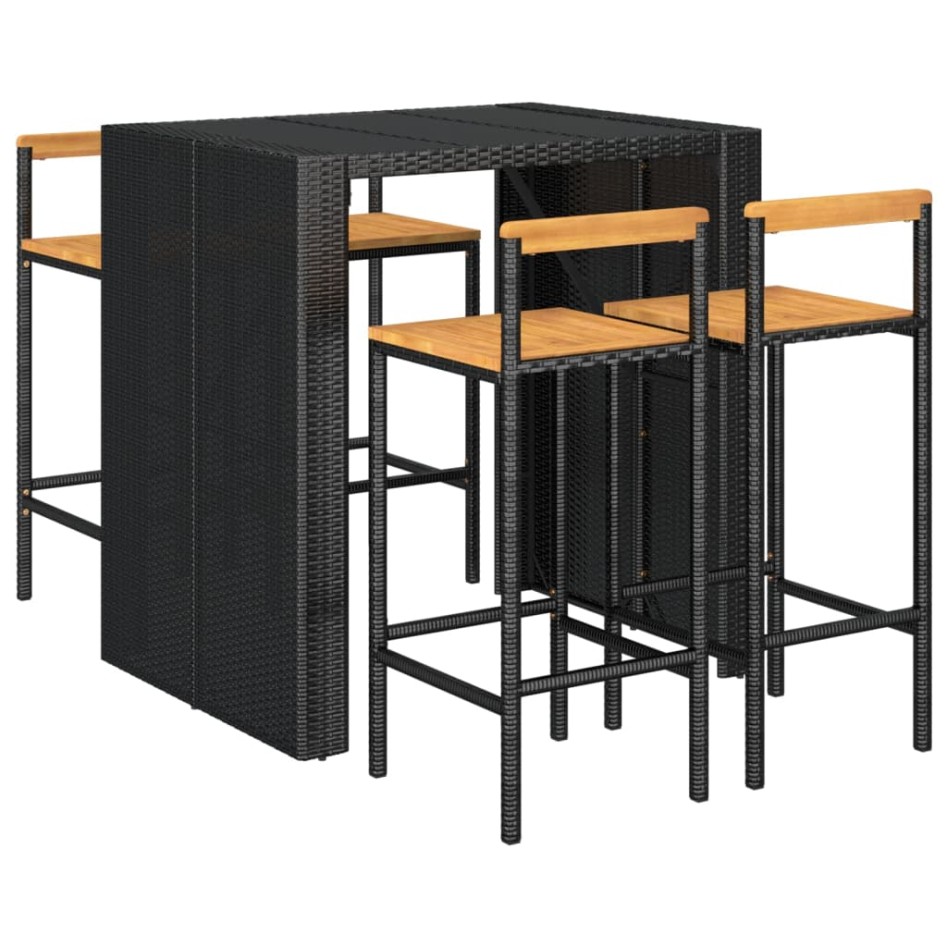 Mesa bar y taburetes jardín 5 pzas madera acacia ratán PE