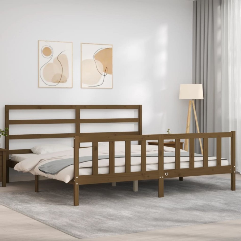 Estructura cama y cabecero madera maciza marrón miel 200x200