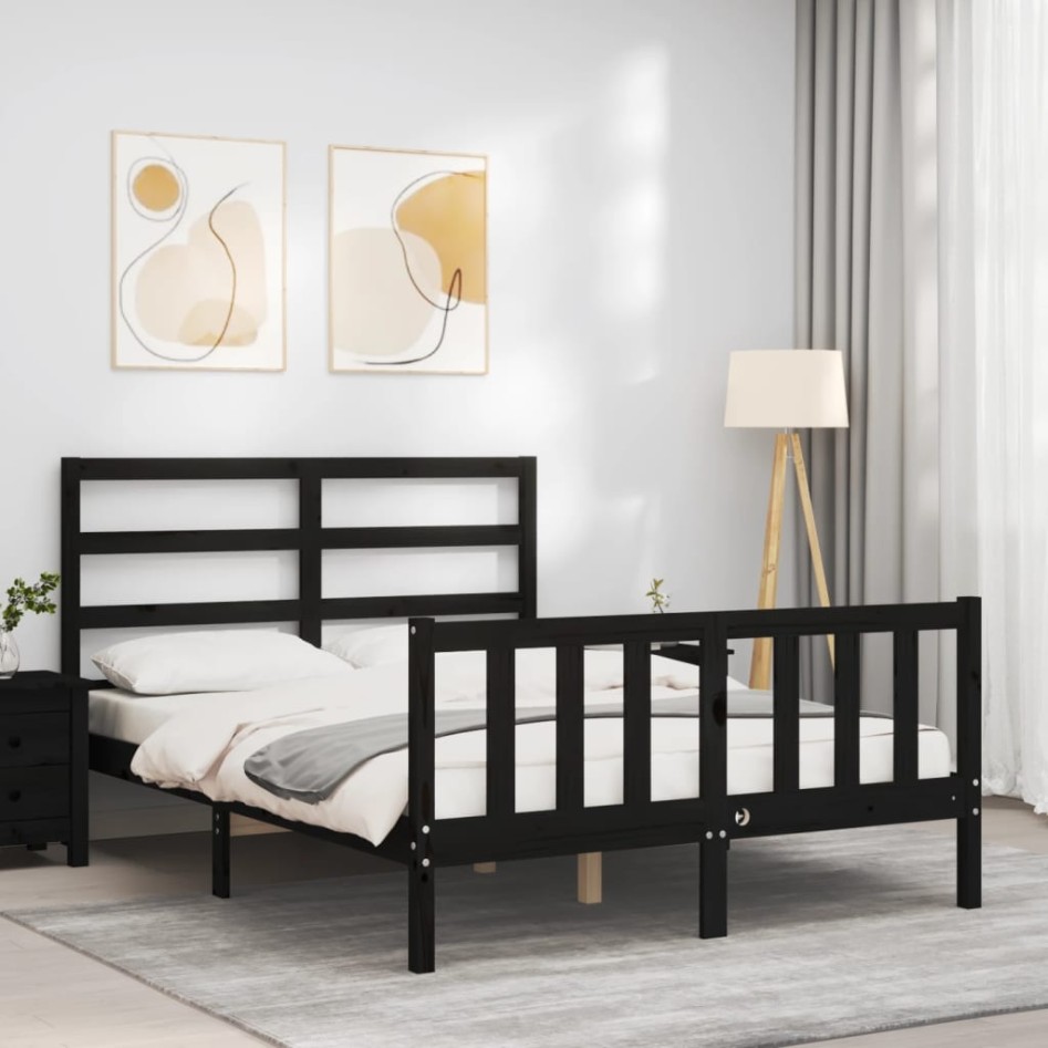 Estructura de cama con cabecero madera maciza negro 140x190