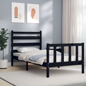 Estructura de cama con cabecero madera maciza negro 100x200