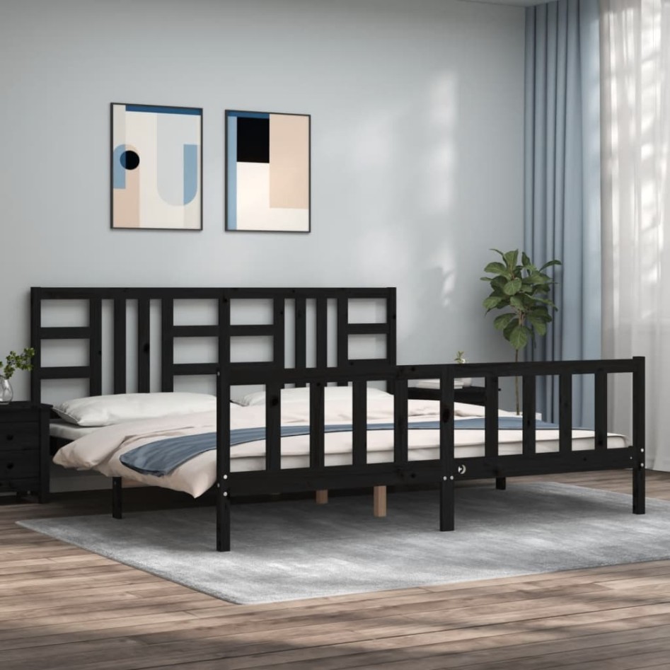 Estructura de cama con cabecero madera maciza negro 200x200