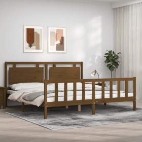 Estructura cama y cabecero madera maciza marrón miel 200x200