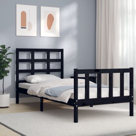 Estructura de cama con cabecero madera maciza negro 90x190