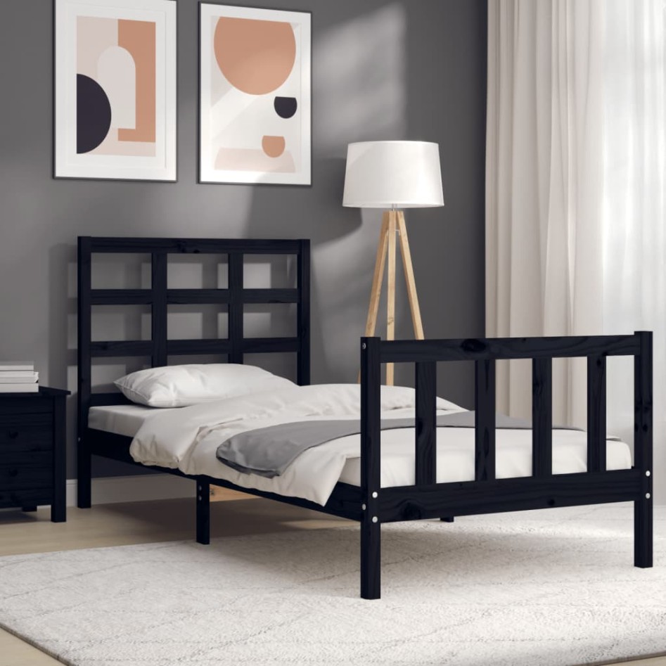 Estructura de cama con cabecero madera maciza negro 90x190