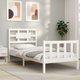 Estructura de cama con cabecero madera maciza blanco 90x200