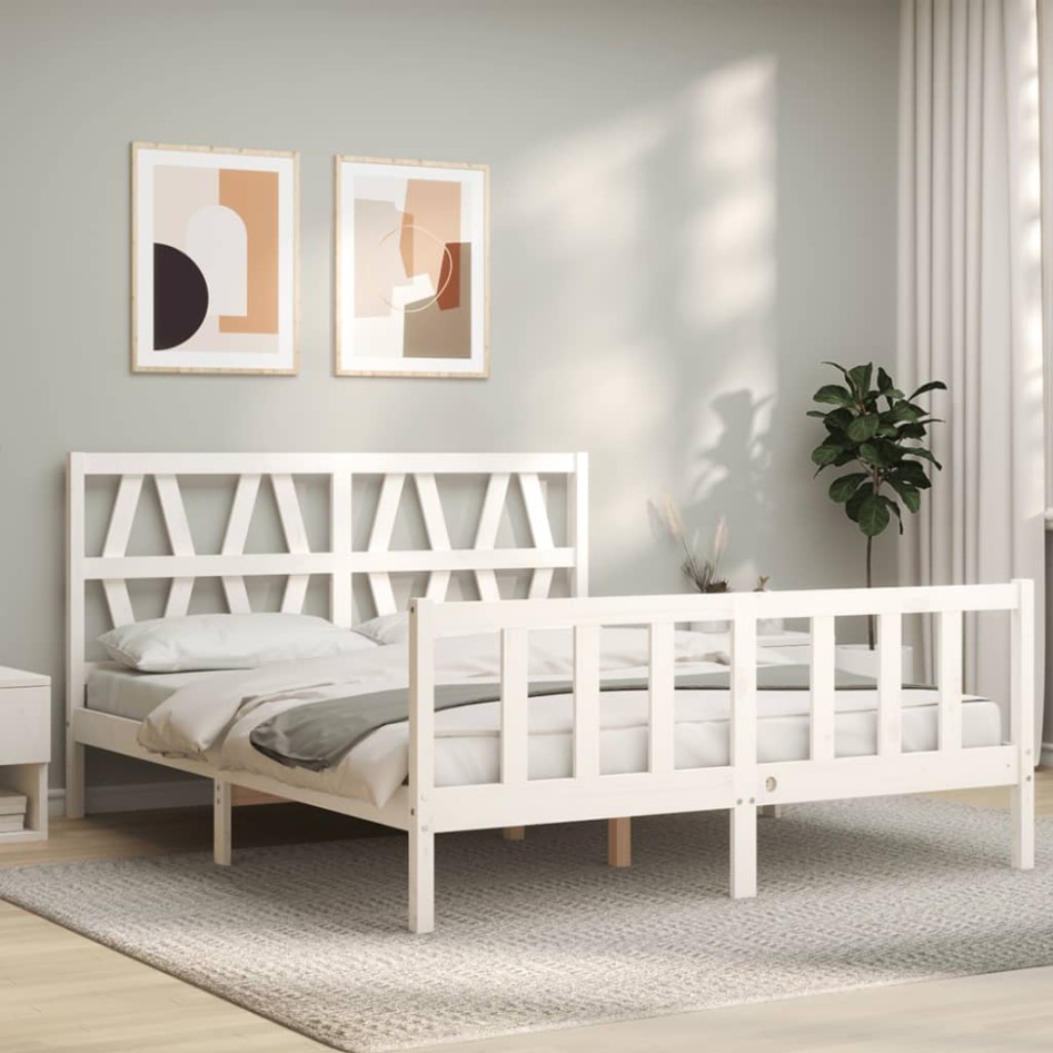 Estructura de cama con cabecero madera maciza blanco 160x200