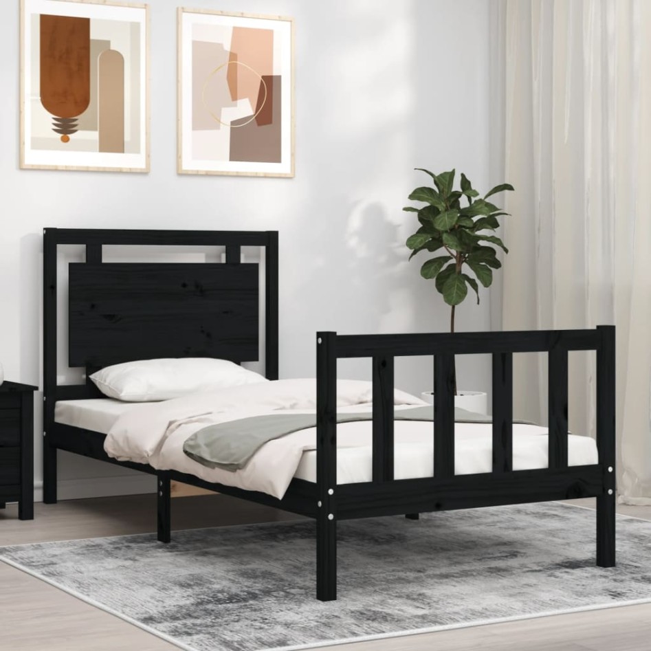 Estructura de cama con cabecero madera maciza negro 90x190
