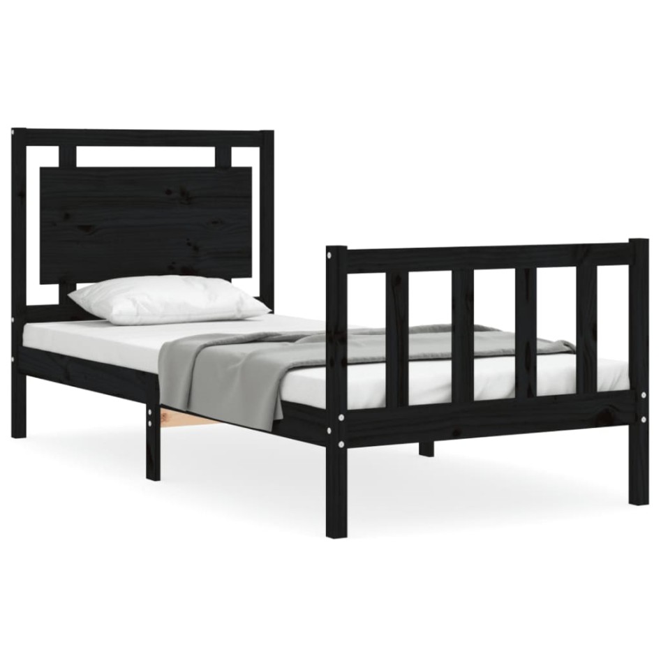 Estructura de cama con cabecero madera maciza negro 90x190