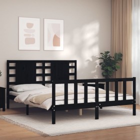 Estructura de cama con cabecero madera maciza negro 160x200