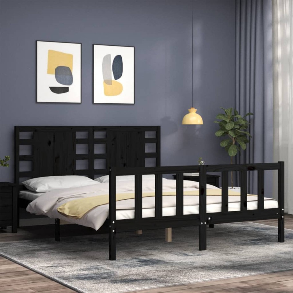 Estructura de cama con cabecero madera maciza negro 160x200