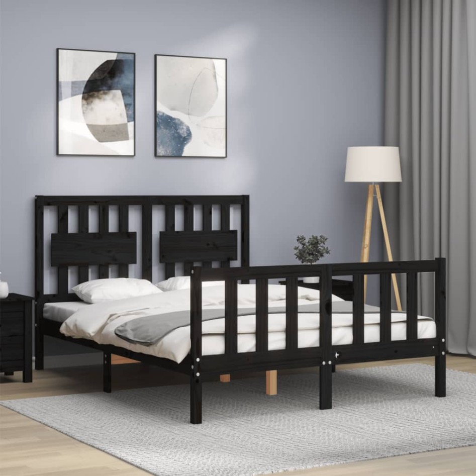 Estructura de cama con cabecero madera maciza negro 140x200
