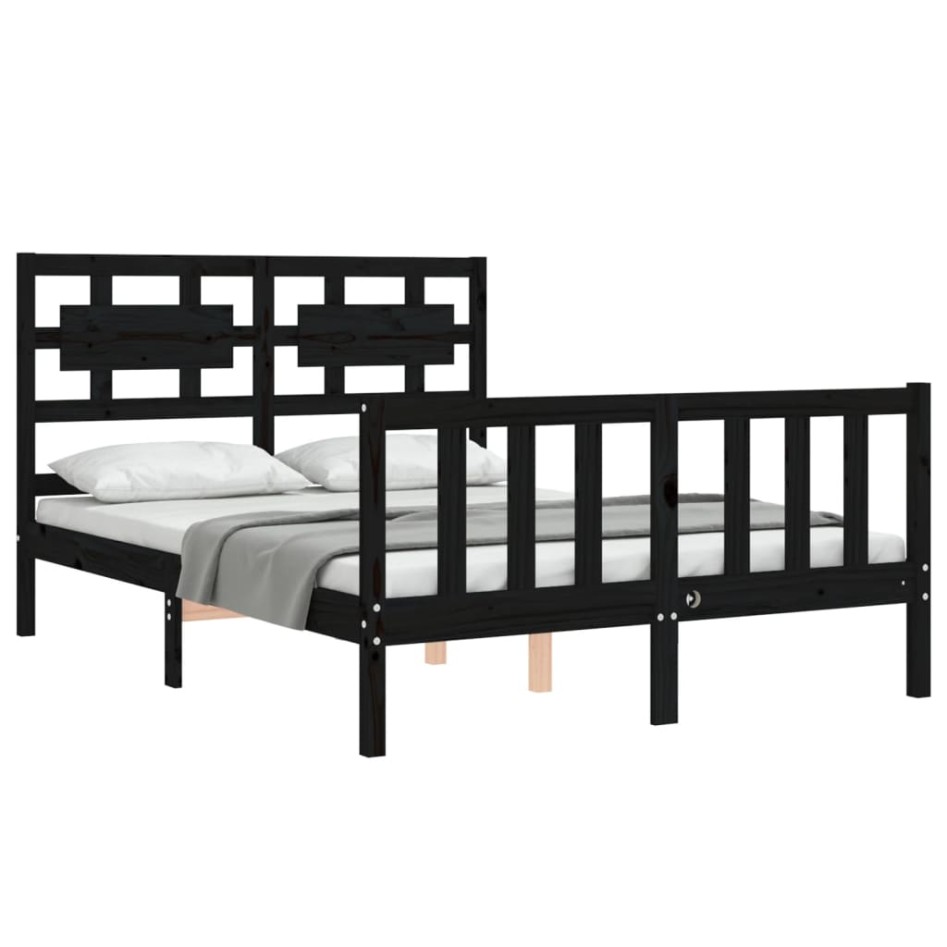 Estructura de cama con cabecero madera maciza negro 140x190