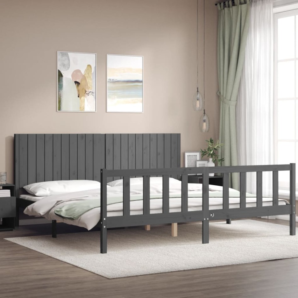 Estructura de cama con cabecero madera maciza gris 200x200