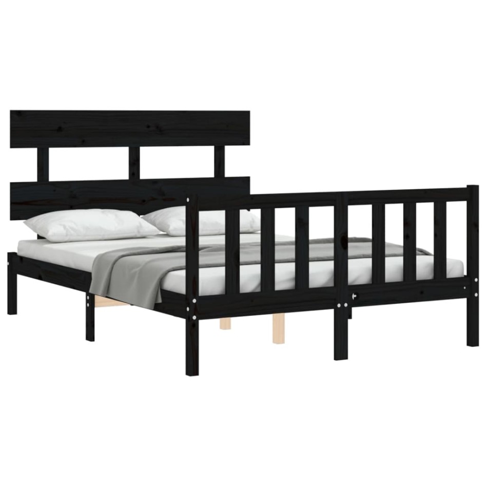 Estructura de cama con cabecero madera maciza negro 140x200