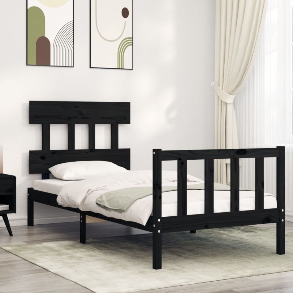 Estructura de cama con cabecero madera maciza negro 100x200