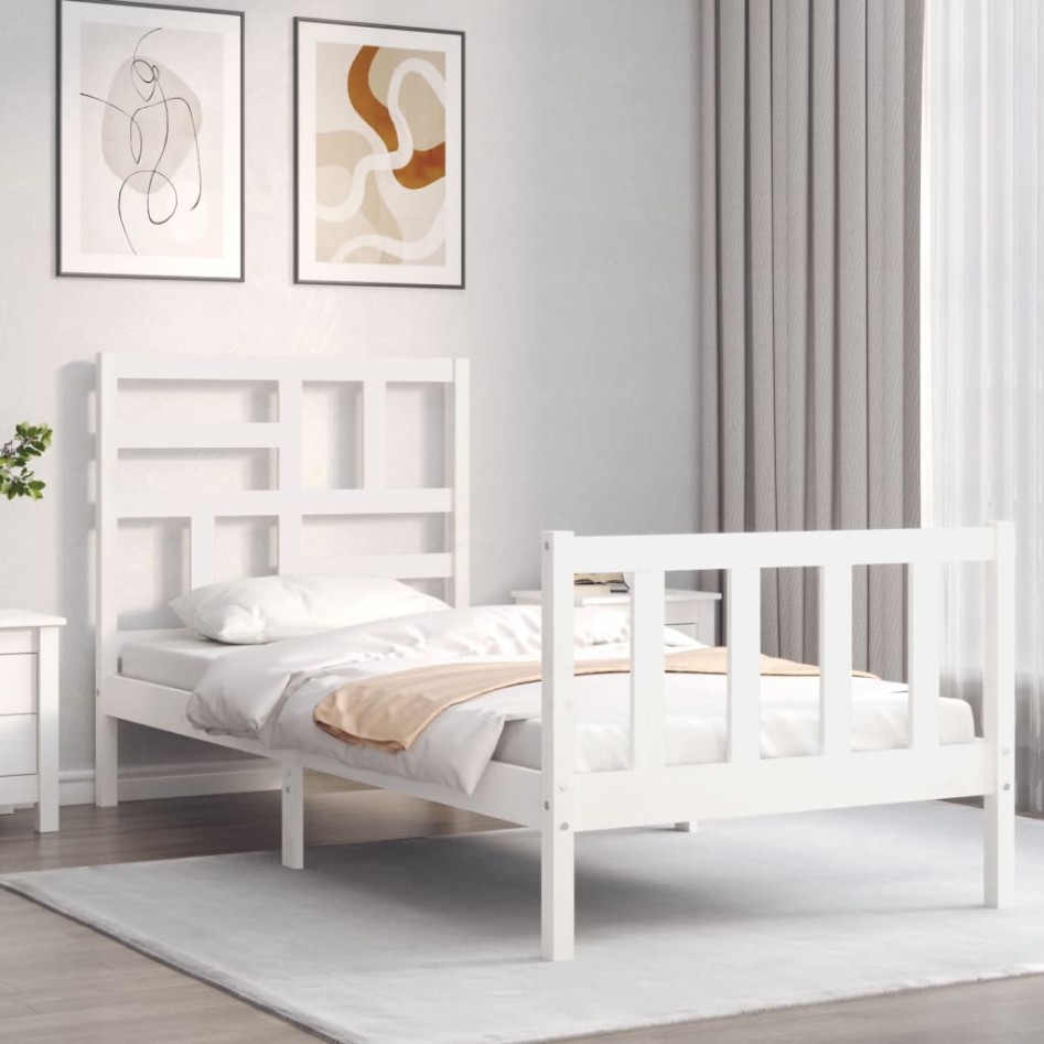 Estructura de cama con cabecero madera maciza blanco 90x200