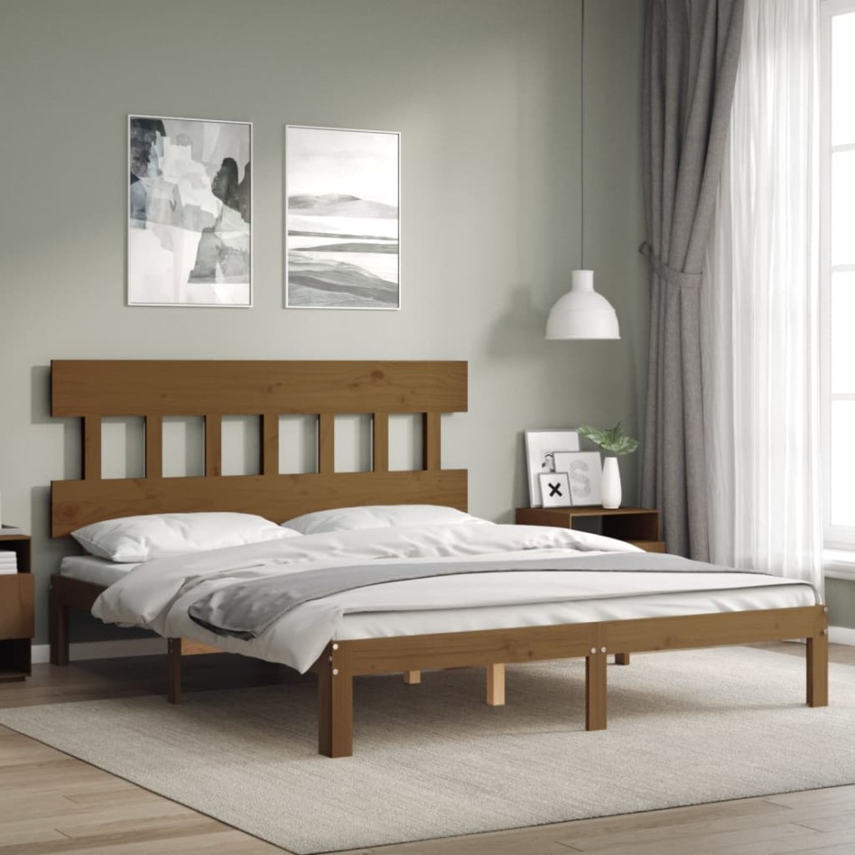 Estructura de cama con cabecero madera marrón miel 160x200