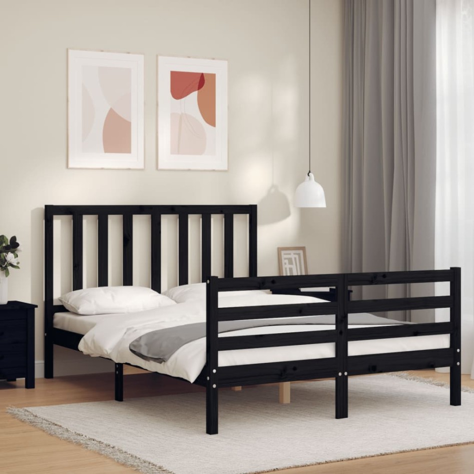 Estructura de cama con cabecero madera maciza negro 120x200