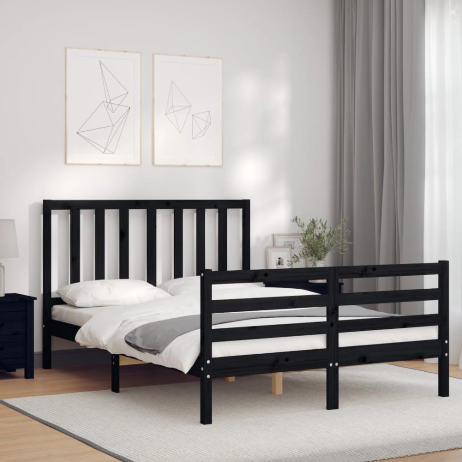 Estructura de cama con cabecero madera maciza negro 120x200