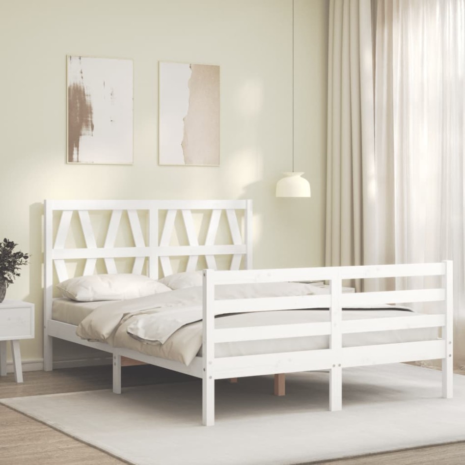 Estructura de cama con cabecero madera maciza blanco 140x190