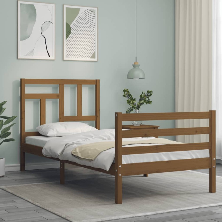 Estructura cama con cabecero madera maciza marrón miel
