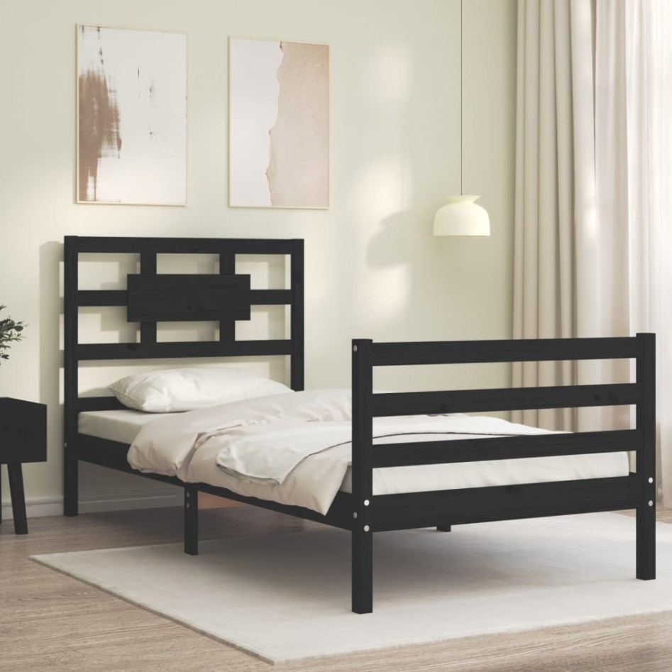Estructura de cama con cabecero madera maciza negro 90x200