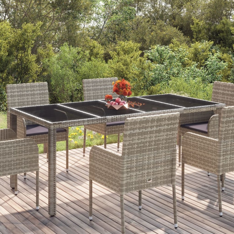 Mesa de jardín superficie de vidrio ratán PE gris 190x90x75