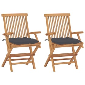 Sillas de jardín 2 uds madera teca con cojines gris