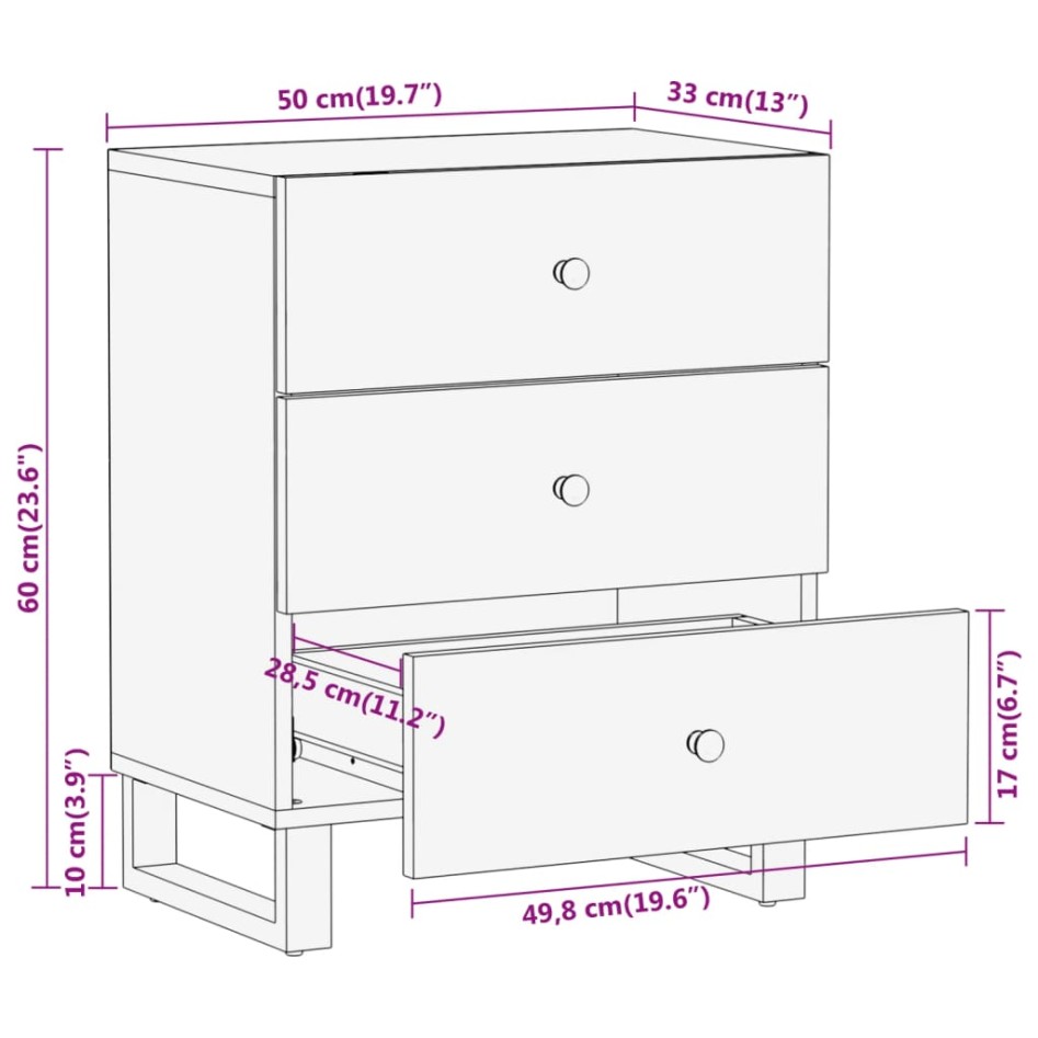 Mesita de noche madera maciza mango marrón y negro 50x33x60