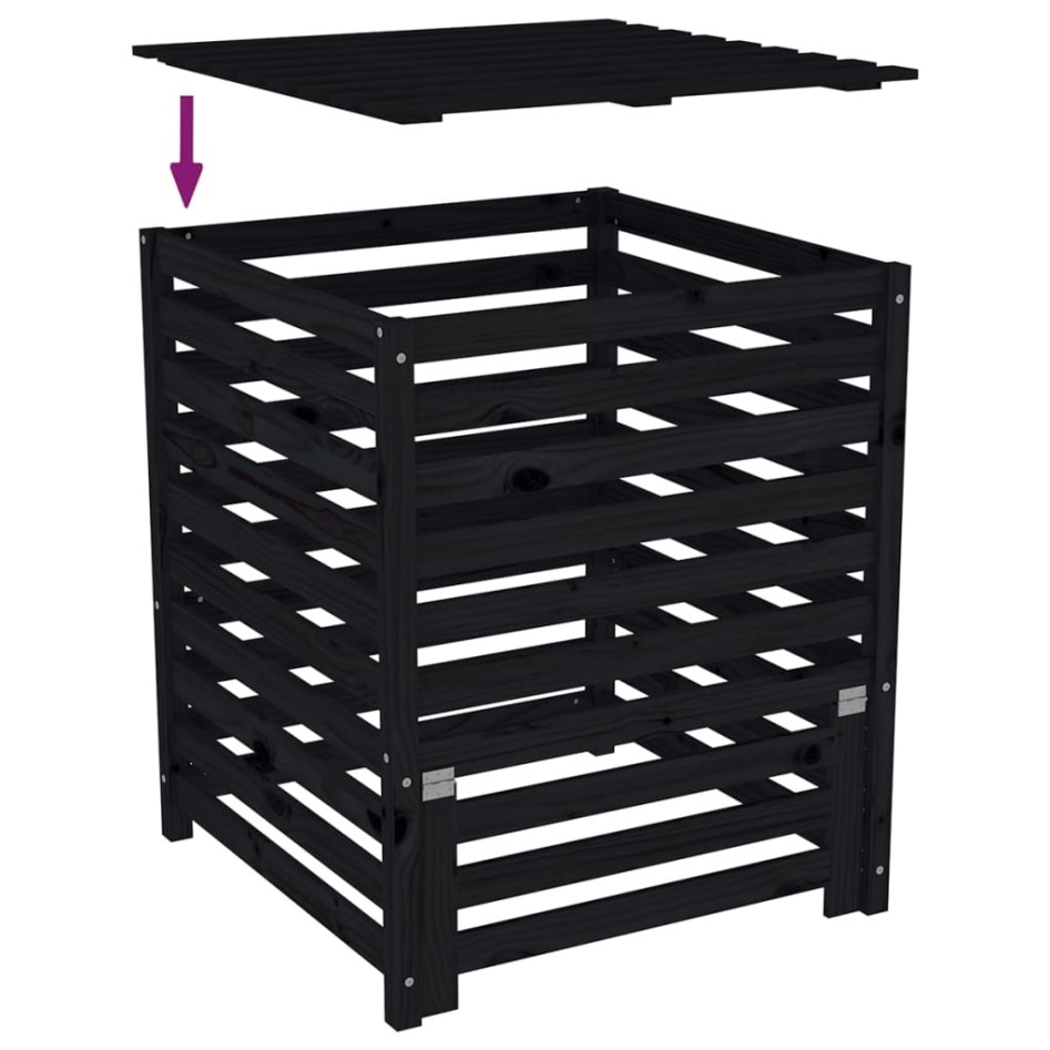 Compostador de madera maciza de pino negro 82,5x82,5x99,5