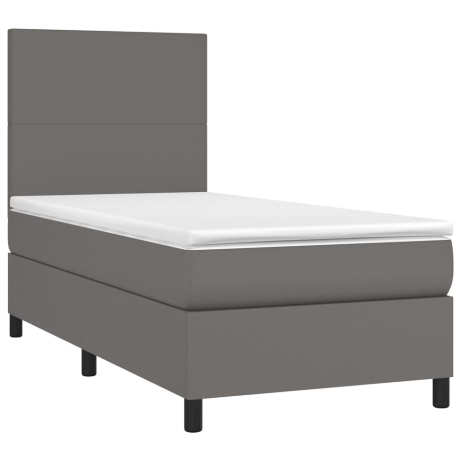 Cama box spring y colchón LED cuero sintético gris 90x200