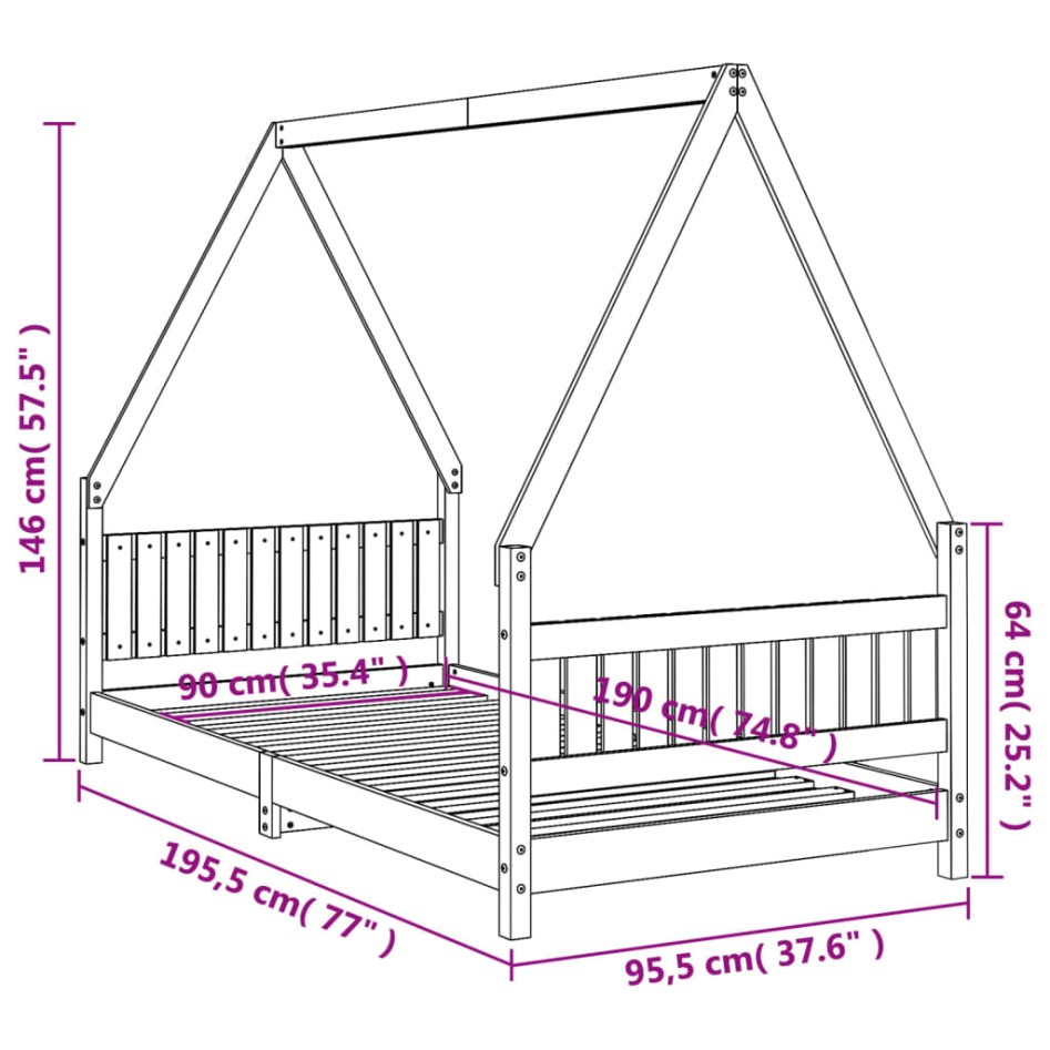 Estructura de cama infantil madera maciza de pino 90x190