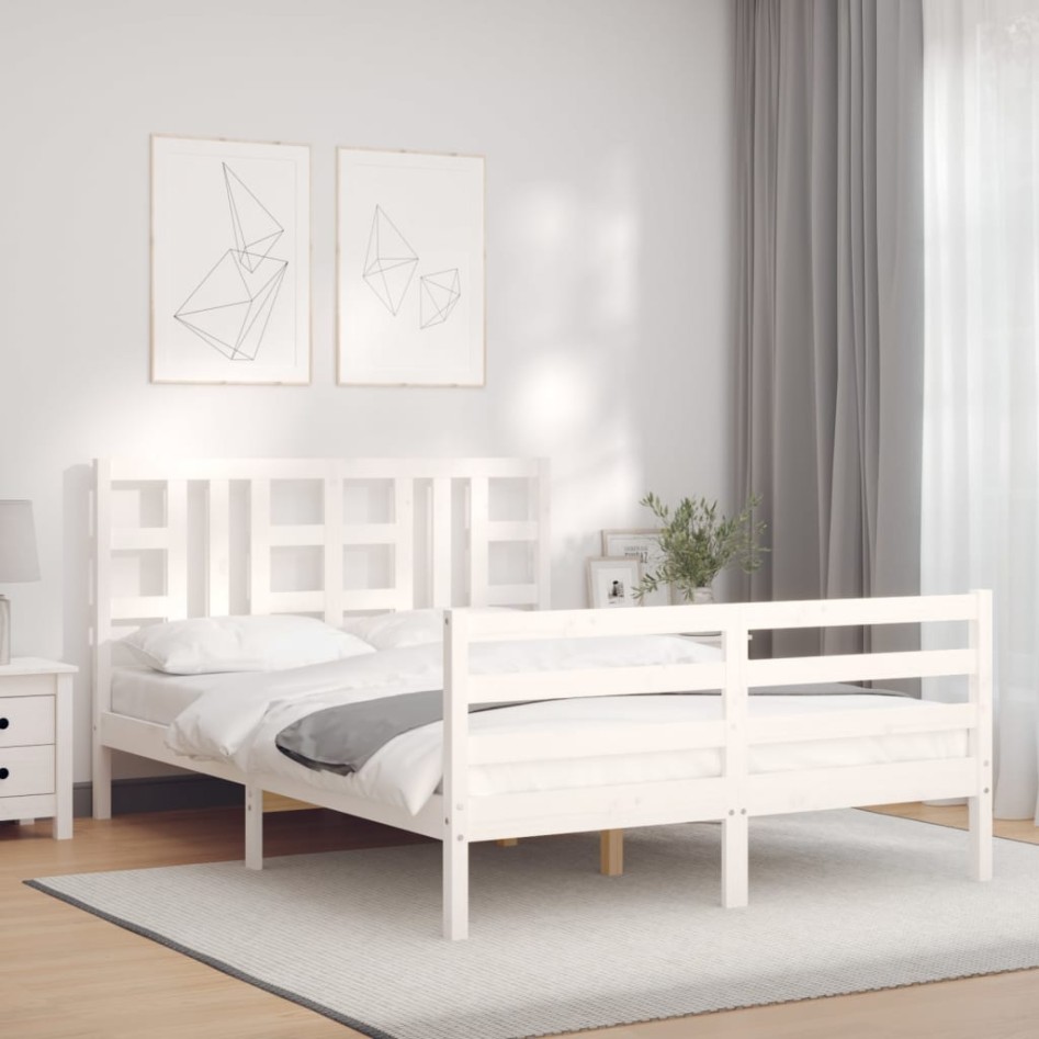 Estructura de cama con cabecero madera maciza blanco 160x200