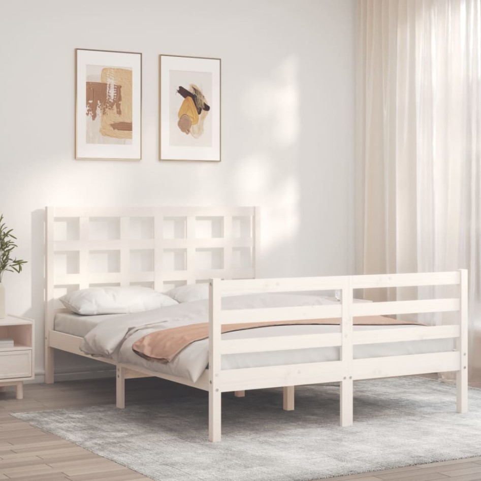 Estructura de cama con cabecero madera maciza blanco 140x200