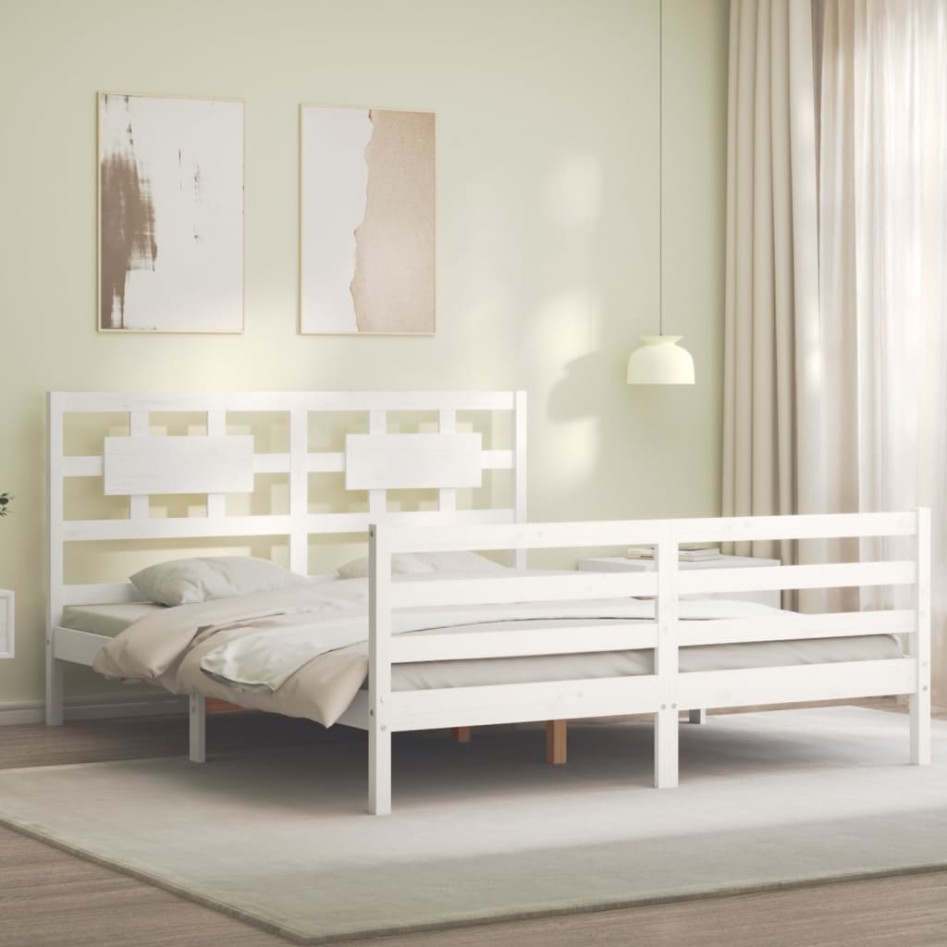 Estructura de cama con cabecero madera maciza blanco 160x200
